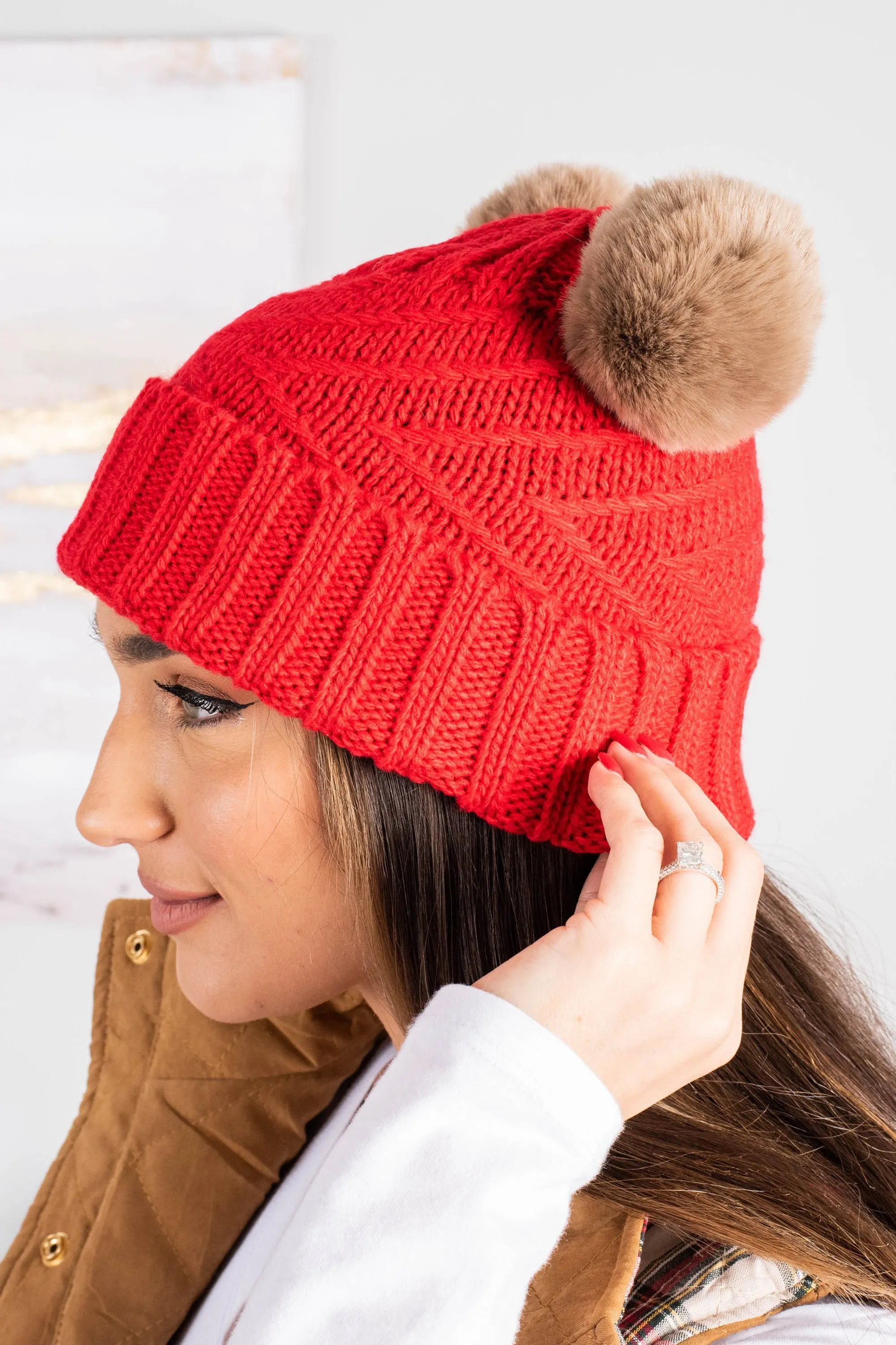 All About It Red Pompom Beanie