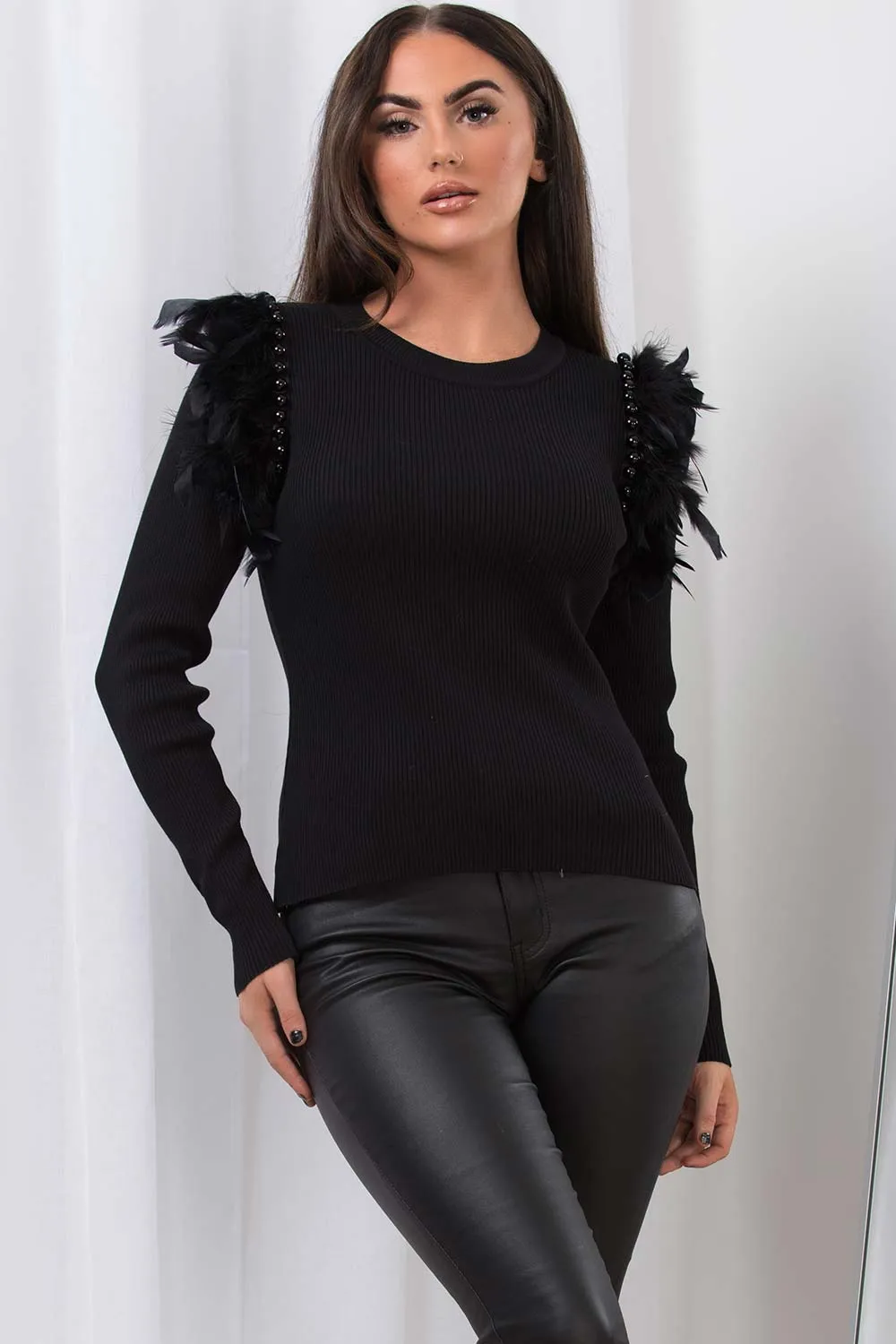 Black Jumper With Feathers And Pearls
