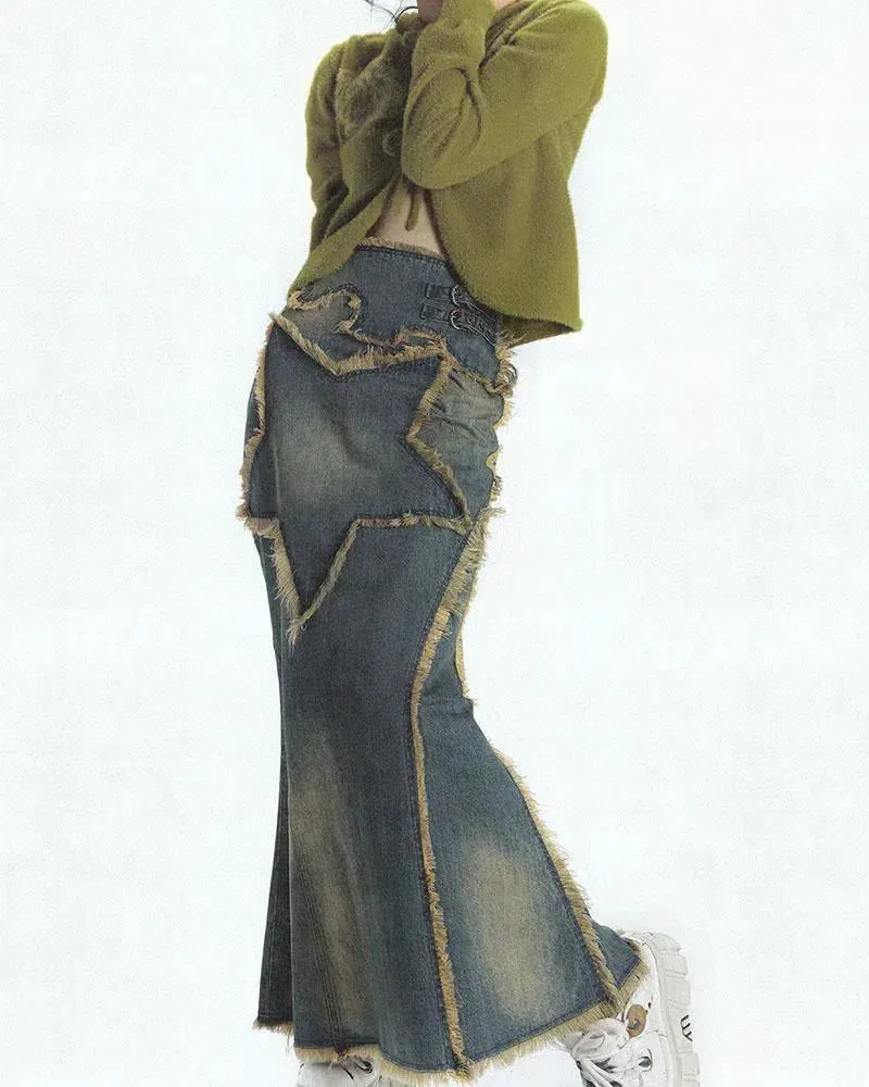 Cassiopeia – Front star detail – Denim maxi skirt