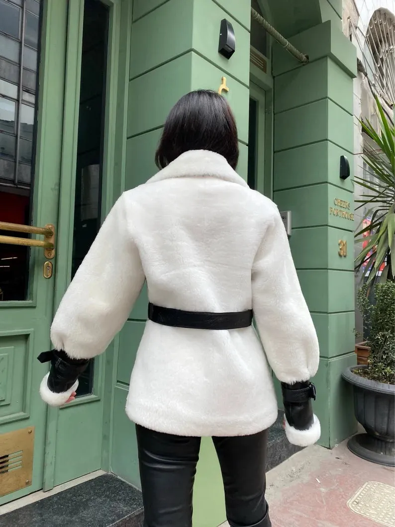 Lambskin White women's lambskin leather faux fur Jacket by TJS