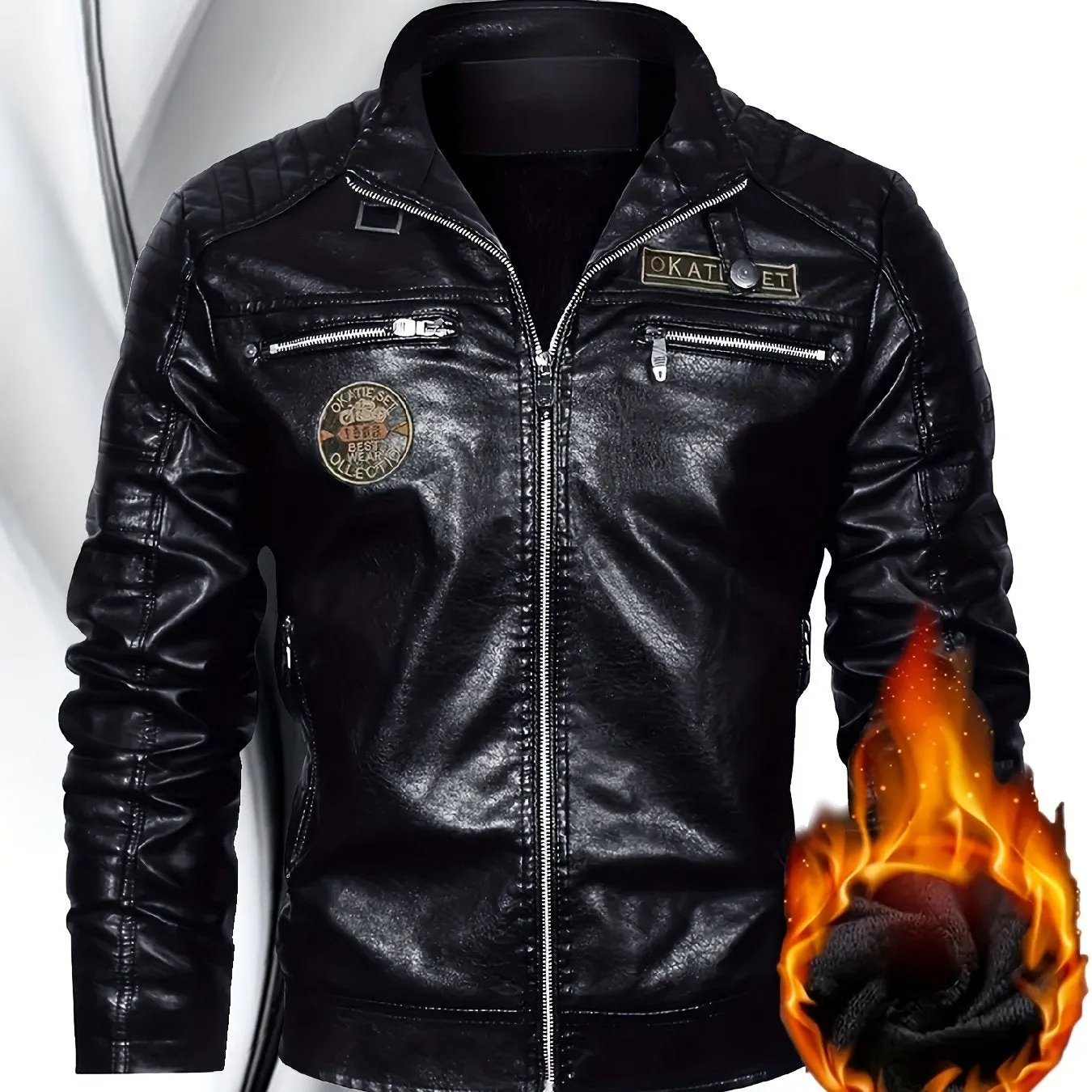 Men's Retro Style Down Motorcycle Jacket – Fall/Winter PU Leather, Fleece Lining, Zippered Pockets & Stand Collar, Chic Biker Jacket for Outdoor Adventures"
