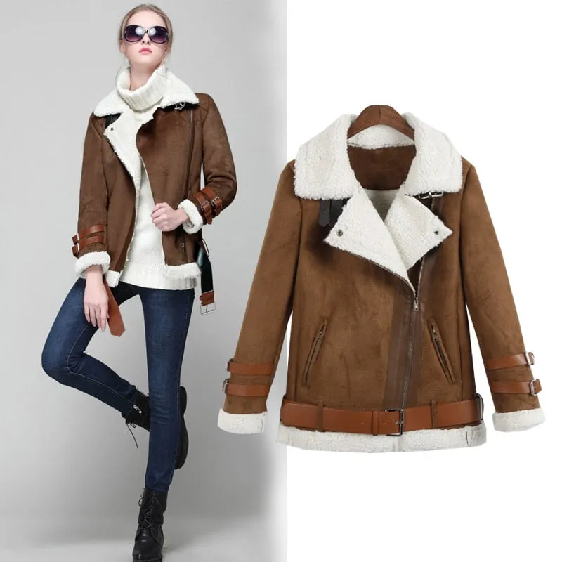 New 2016 Winter Women Shearling Coats Faux Suede Leather Jackets Coat Faux Lambs Wool Patchwork Coat Outerwear S-XXL W893